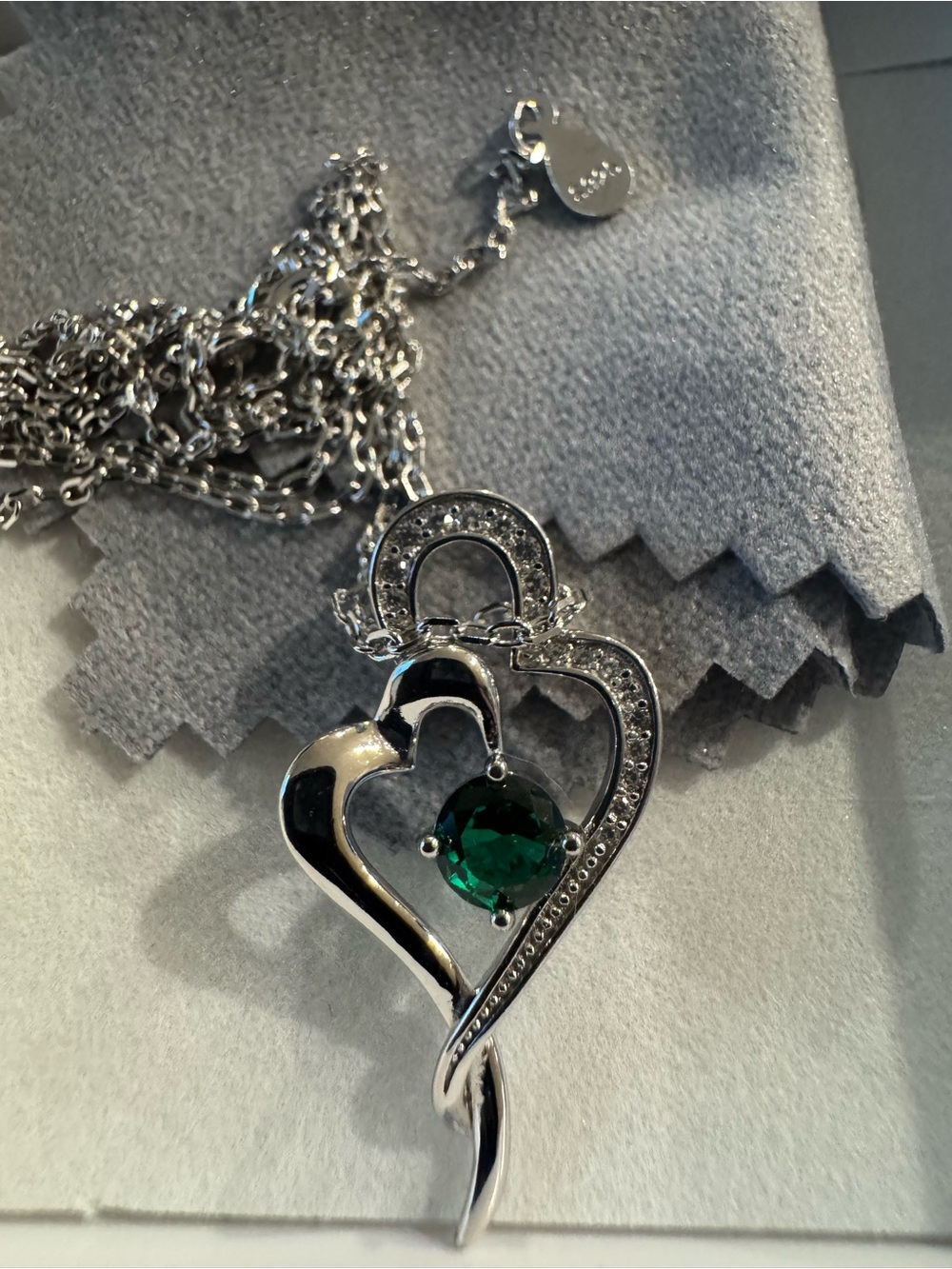 Silver Heart Pendant Necklace with lab created emerald Gemstone